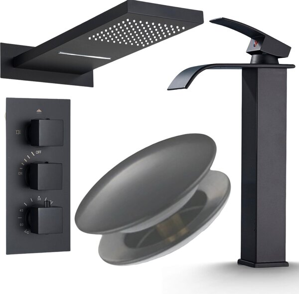Rubinetto bagno Ari miscelatore lavabo con cascata waterfall, cartuccia Vetroceramica, ottone nero opaco