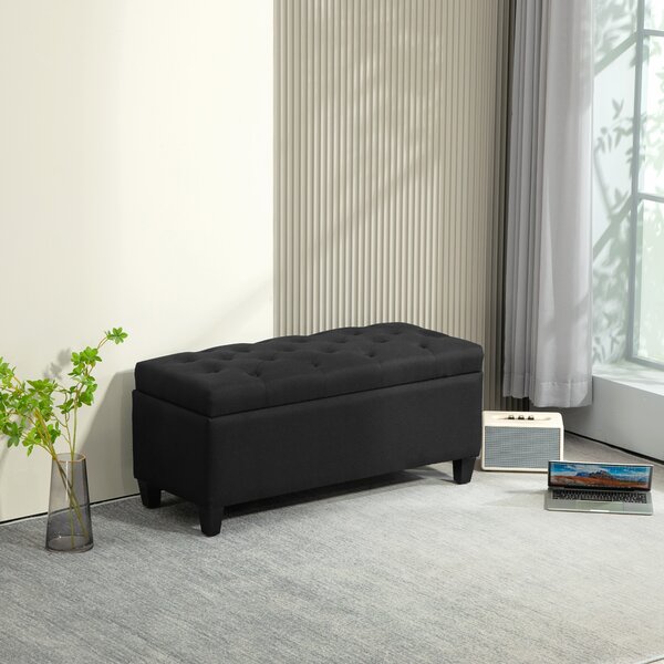 HOMCOM Panca con spazio di archiviazione, Truhenbank, poliestere simile al lino, legno di gomma, Nero, 100 x 40 x 44 cm