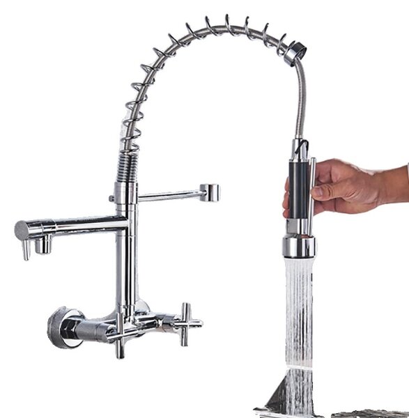 Rubinetto da cucina a parete, regolazione della temperatura a due manopole, elegante design in ottone, cromo con fibbia
