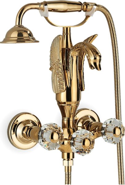 Rubinetto da bagno e doccia Ari Swan monocomando con doccetta estraibile, beccuccio girevole, cartuccia in Vetroceramica, oro lucido