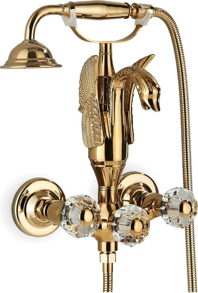 Rubinetto da bagno e doccia Ari Swan monocomando con doccetta estraibile, beccuccio girevole, cartuccia in Vetroceramica, oro lucido