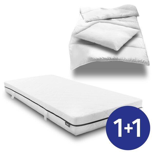 Materasso a molle insacchettate Sleezzz Superior 90 x 200 cm, altezza 18 cm, grado di rigidità H3 + set da letto in microfibra CloudComfort Basic 135 x 200 cm + 80 x 80 cm