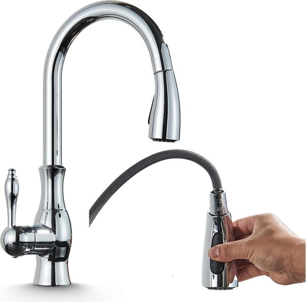 Rubinetto da cucina Ari Cascade con doccetta estraibile, beccuccio girevole 360 gradi, cartuccia in Vetroceramica, cromato