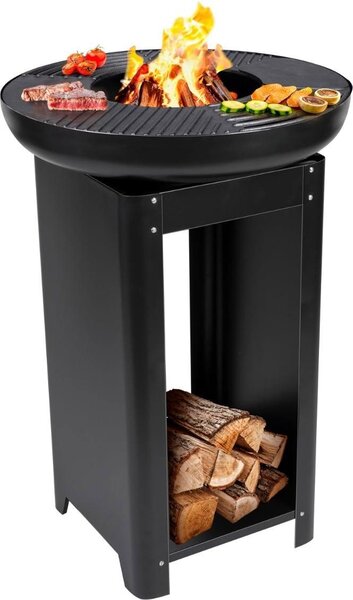 Alpina 3 in 1 - caminetto da giardino 61 x 90 cm - con piastra per grigliare teppanyaki - griglia plancha con deposito per legna da ardere - caminetto per esterno - metallo