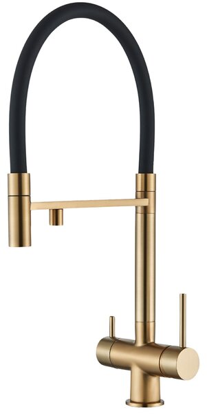 Rubinetto da cucina a 3 vie Ari HighFlex con doccetta estraibile, beccuccio girevole 360 gradi, per acqua filtrata, oro spazzolato