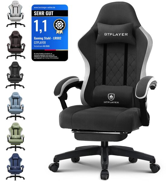 GTPLAYER sedia da gioco Poltrona ergonomica da gioco Sedia da scrivania Sedia da corsa per PC gamer con superficie in tessuto, cuscino di seduta in piuma con poggiapiedi nero