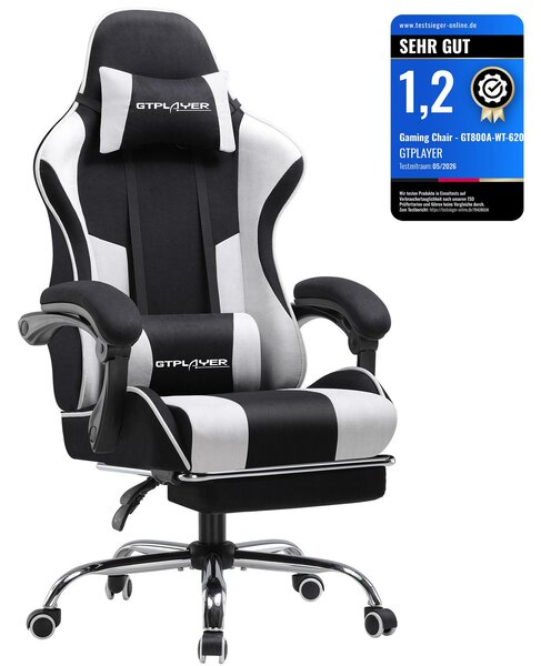 GTPLAYER sedia da ufficio sedia da gioco in tessuto poltrona da gioco Sedia da gioco ergonomica con poggiapiedi, poggiatesta cuscino lombare, sedia da gioco imbottita, bianco