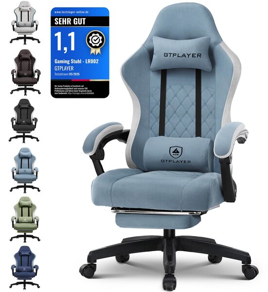 GTPLAYER sedia da gioco Poltrona ergonomica da gioco Sedia da scrivania Sedia da gioco per PC con superficie in tessuto, cuscino di seduta in piuma, braccioli di collegamento, con poggiapiedi, portata fino a 153 kg Blu chiaro