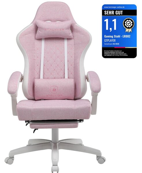 Sedia da gioco GTPLAYER in tessuto, poltrona da gioco con cuscini a molle insacchettate, sedia girevole ergonomica, sedia da gioco con poggiapiedi, portata massima 150 kg, rosa-bianca