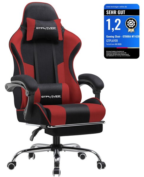 GTPLAYER Sedia da ufficio Sedia da gioco Poltrona da gioco in tessuto Sedia da gioco ergonomica con poggiapiedi, poggiatesta cuscino lombare, sedia da gioco imbottita, ROSSA