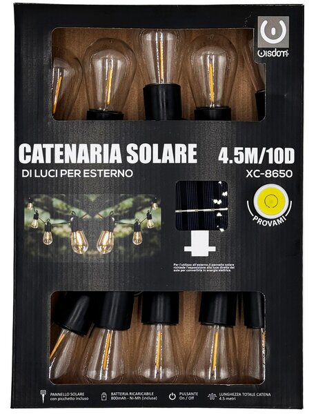 Catena luminosa a Led decorativa con pannello solare 4,5 metri 10 sfere trasparenti Bianco Caldo 2200K Wisdom