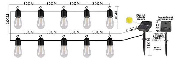 Catena luminosa a Led decorativa con pannello solare 4,5 metri 10 sfere trasparenti Bianco Caldo 2200K Wisdom