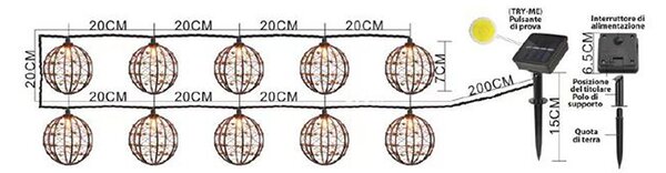 Catena luminosa a Led decorativa con pannello solare 3,8 metri 10 sfere Bianco Caldo 2200K Wisdom