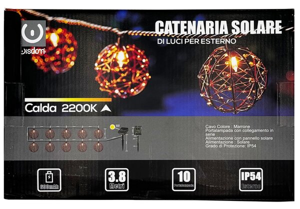 Catena luminosa a Led decorativa con pannello solare 3,8 metri 10 sfere Bianco Caldo 2200K Wisdom