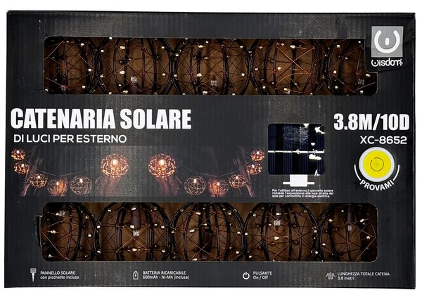 Catena luminosa a Led decorativa con pannello solare 3,8 metri 10 sfere Bianco Caldo 2200K Wisdom