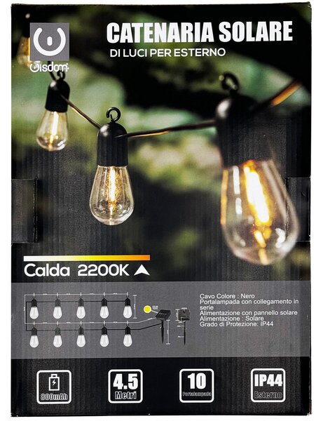 Catena luminosa a Led decorativa con pannello solare 4,5 metri 10 sfere trasparenti Bianco Caldo 2200K Wisdom