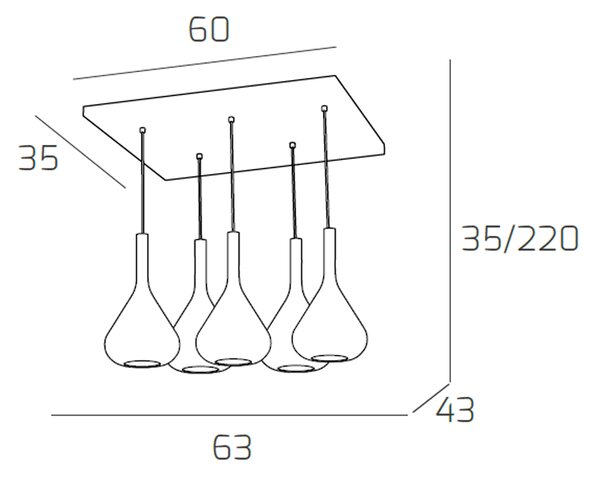 Sospensione Contemporanea Kona Metallo Cromo Vetro Multicolor 5 Luci E27