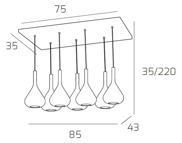 Sospensione Contemporanea Kona Metallo Cromo Vetro Blu 7 Luci E27