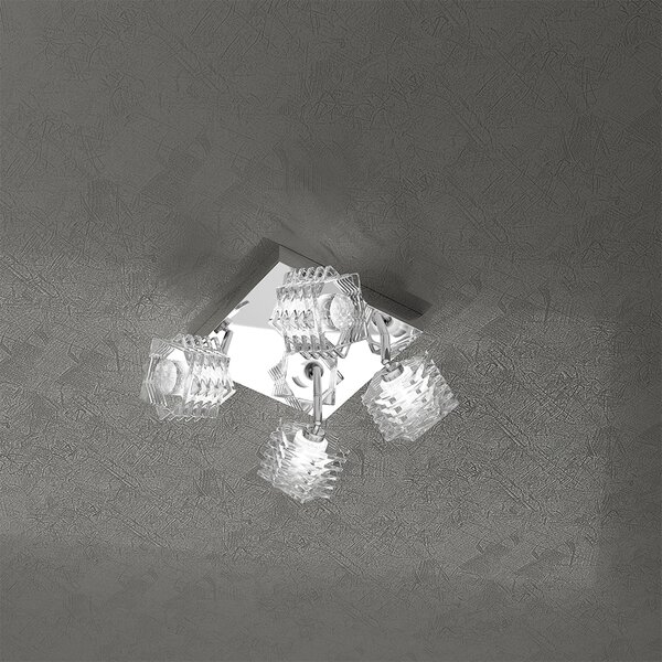 Plafoniera Contemporanea Rubik Metallo Cromo Diffusore Cristallo 4 Luci G9