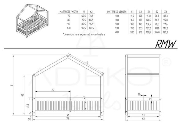 Letto da bambini a forma di casa/estraibile di colore naturale in pino massiccio con contenitore con rete inclusa 140x200 cm RMW – Adeko