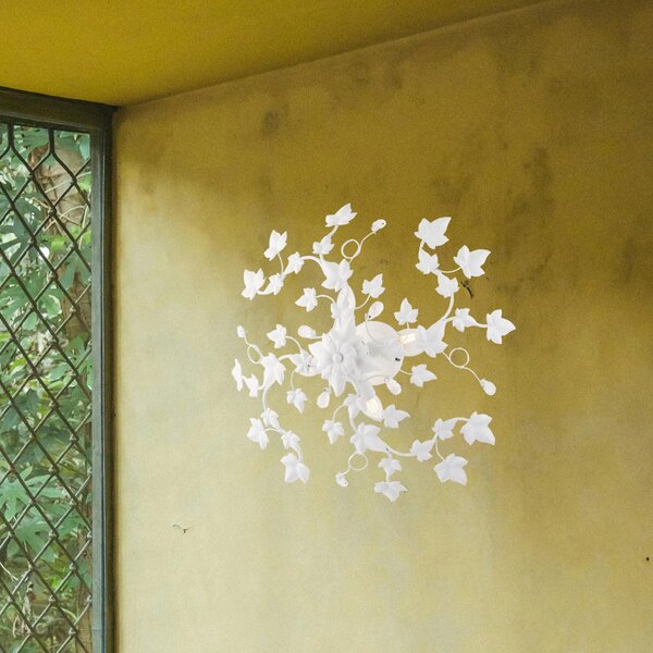 Plafoniera Shabby Edera 4 Luci Ferro Battuto Bianco Con Foglie E Cristalli
