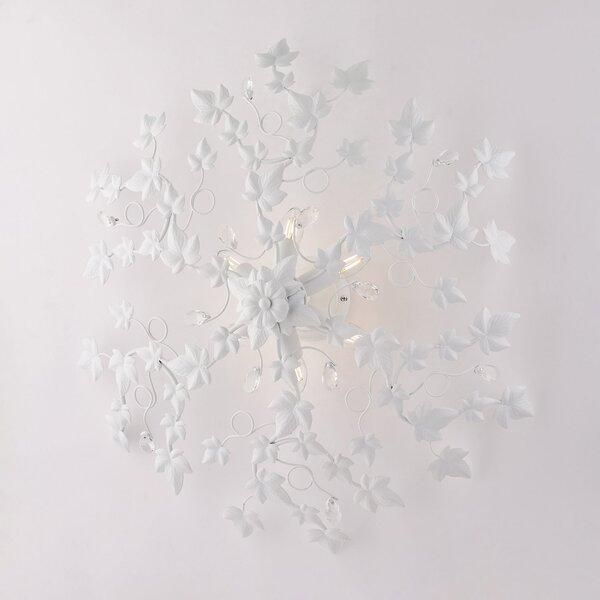 Plafoniera Shabby Edera 6 Luci Ferro Battuto Bianco Con Foglie E Cristalli