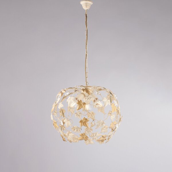 Lampadario Shabby Edera 3 Luci Ferro Battuto Avorio Oro Con Foglie E Cristalli