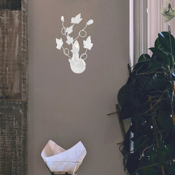 Applique Shabby Edera 1 Luce Ferro Battuto Bianco Con Foglie E Cristalli