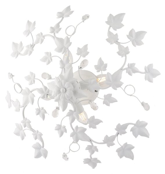 Plafoniera Shabby Edera 4 Luci Ferro Battuto Bianco Con Foglie E Cristalli