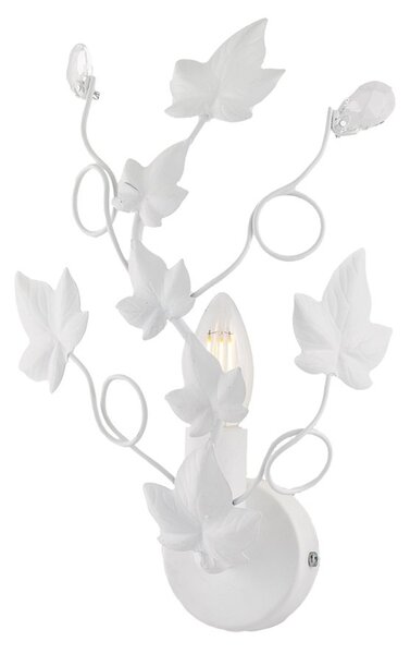 Applique Shabby Edera 1 Luce Ferro Battuto Bianco Con Foglie E Cristalli