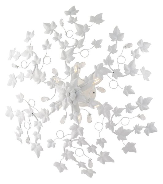 Plafoniera Shabby Edera 6 Luci Ferro Battuto Bianco Con Foglie E Cristalli
