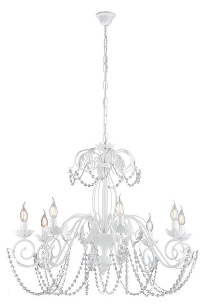 Lampadario Shabby Damasco 8 Luci Ferro Battuto Bianco E Cristalli