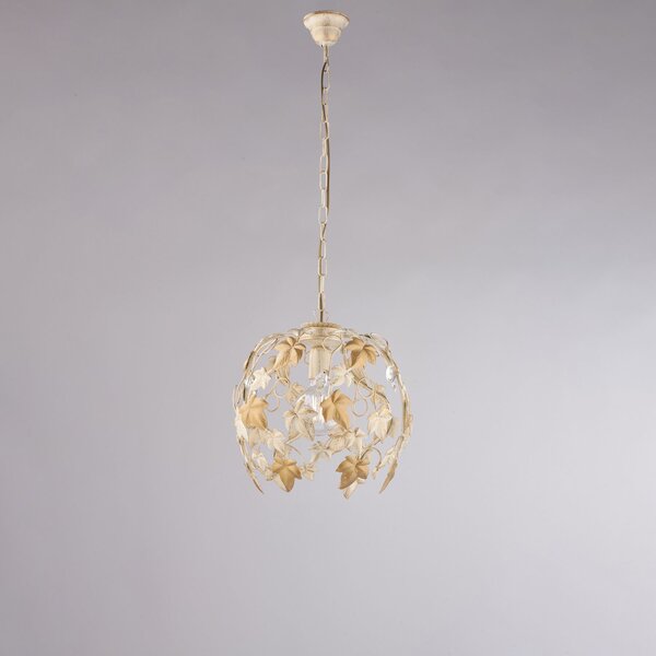 Lampadario Shabby Edera 1 Luce Ferro Battuto Avorio Oro Con Foglie E Cristalli