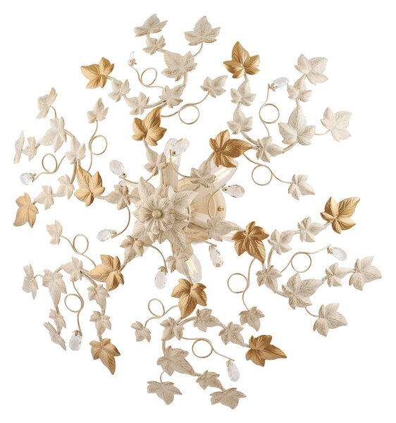 Plafoniera Shabby Edera 6 Luci Ferro Battuto Avorio Oro Con Foglie E Cristalli