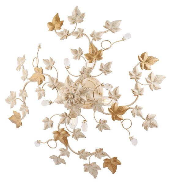 Plafoniera Shabby Edera 4 Luci Ferro Battuto Avorio Oro Con Foglie E Cristalli