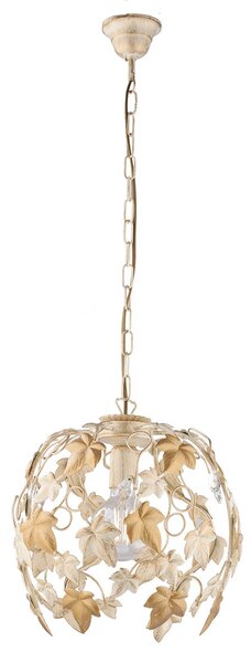 Lampadario Shabby Edera 1 Luce Ferro Battuto Avorio Oro Con Foglie E Cristalli