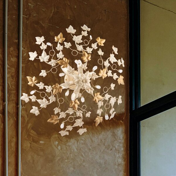 Plafoniera Shabby Edera 6 Luci Ferro Battuto Avorio Oro Con Foglie E Cristalli