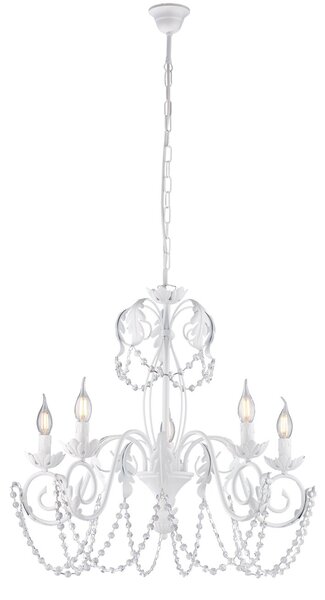 Lampadario Shabby Damasco 5 Luci Ferro Battuto Bianco E Cristalli