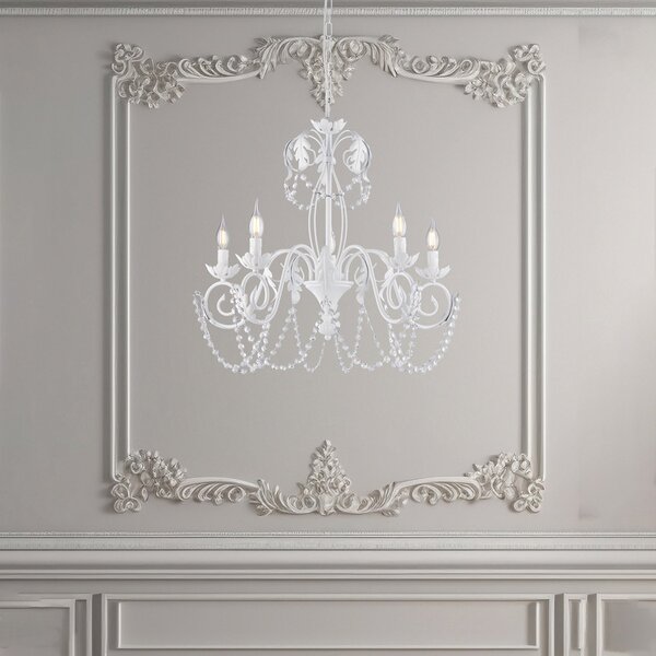 Lampadario Shabby Damasco 5 Luci Ferro Battuto Bianco E Cristalli