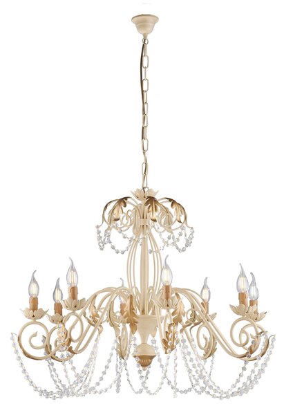 Lampadario Shabby Damasco 8 Luci Ferro Battuto Avorio E Oro Con Cristalli