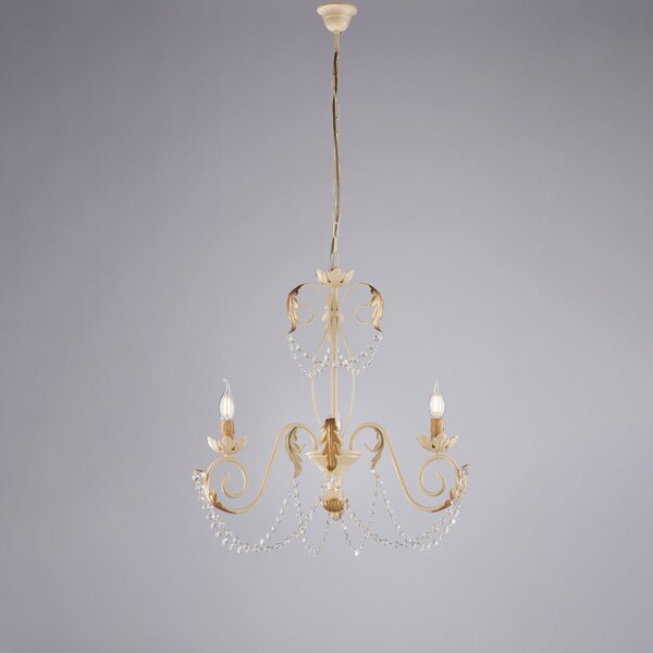 Lampadario Shabby Damasco 3 Luci Ferro Battuto Avorio E Oro Con Cristalli