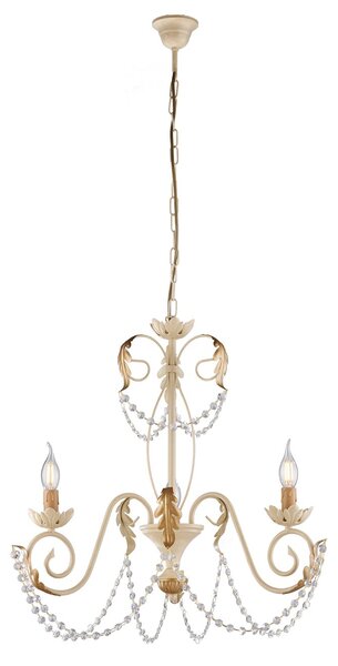 Lampadario Shabby Damasco 3 Luci Ferro Battuto Avorio E Oro Con Cristalli