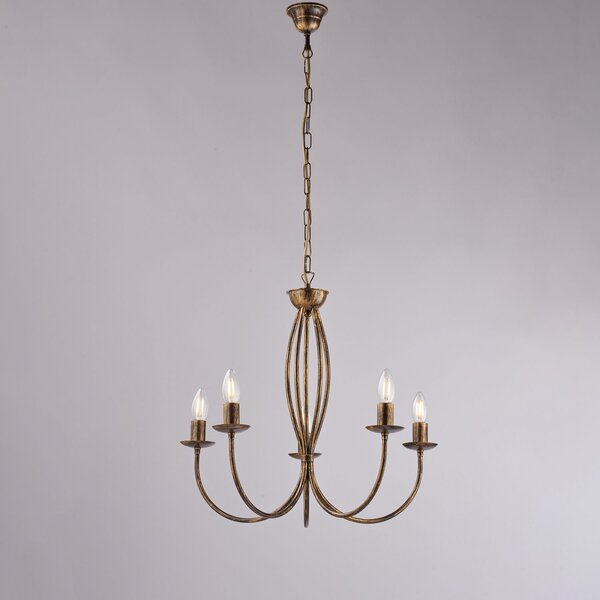 Lampadario Rustico Botte 5 Luci In Ferro Battuto Marrone E Oro