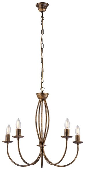 Lampadario Rustico Botte 5 Luci In Ferro Battuto Marrone E Oro