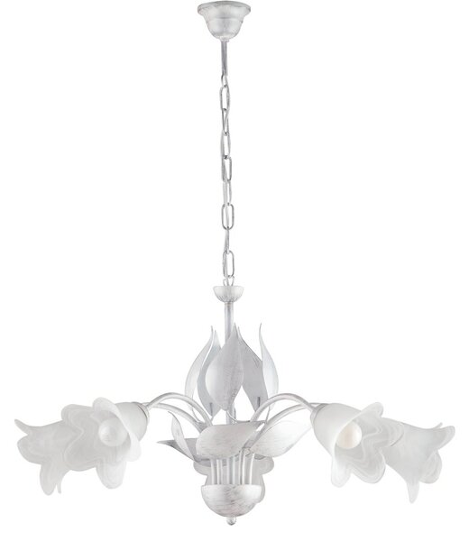 Lampadario 5 luci Olga Bianco Argento Ferro Battuto e Vetro BeLight