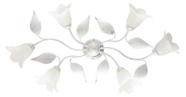 Plafoniera 6 Luci Olga Ferro Battuto Vetro Bianco Argento BeLight