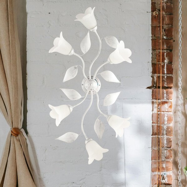 Plafoniera 6 Luci Olga Ferro Battuto Vetro Bianco Argento BeLight