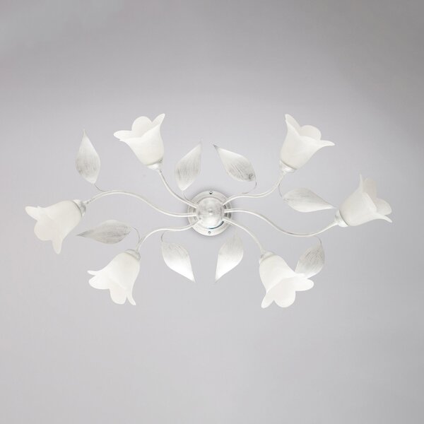 Plafoniera 6 Luci Olga Ferro Battuto Vetro Bianco Argento BeLight