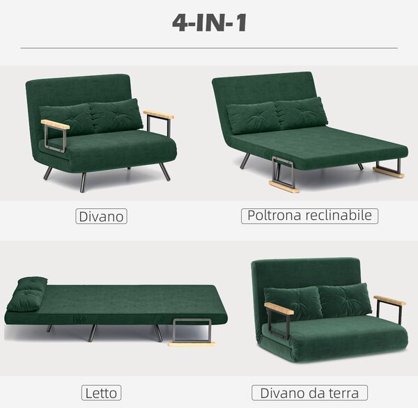HOMCOM Divano Letto 3 in 1 in Tessuto Effetto Velluto con Schienale Regolabile e 2 Cuscini, 102x73x81 cm, Verde