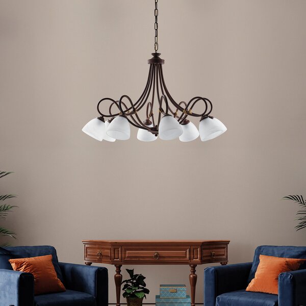 Lampadario 8 Luci Dallas BeLight Ferro Battuto Nero e Ruggine Vetro Bianco